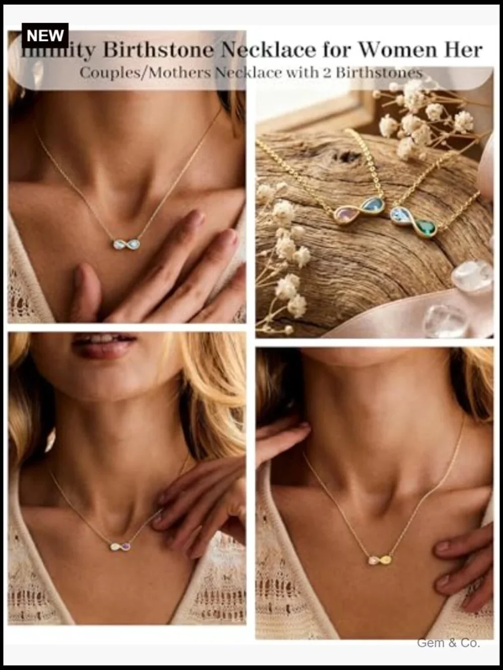 Gold Birthstone Pendant Necklace Dainty Infinity Double Birthstones 16 inch